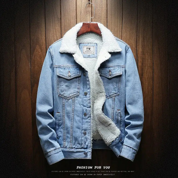 Men Light Blue Winter Jean Jackets Outerwear Warm Denim Coats New Men