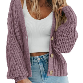 PRETTYGARDEN Women's Chunky Knit Open Front Sweater Long Sleeve Button Loose Short Cardigan Outerwear Coats Medium Orchid Mist