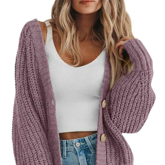 PRETTYGARDEN Women's Chunky Knit Open Front Sweater Long Sleeve Button Loose Short Cardigan Outerwear Coats Medium Orchid Mist