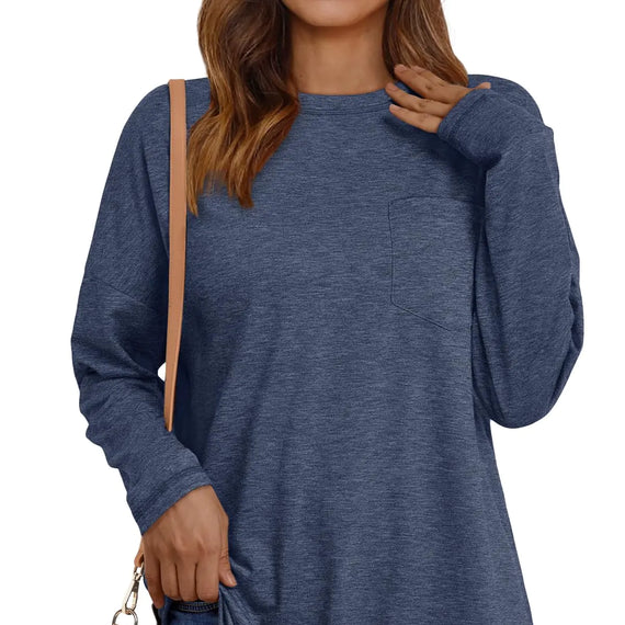 AUTOMET Womens Tops Long Sleeve Shirts Casual Basic Crewneck Oversized Tee Loose Fit Fall Fashion Clothes 2024 Outfits Darkblue Small